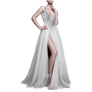 Silver Jeweled Bodice Tulle Ballgown